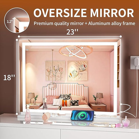 Hasipu Vanity Mirror with Lights, 23" x 18" LED Makeup Mirror, Lighted Makeup Mirror with Dimmable 3 Modes, Touch Screen Control Vanity Mirror Square White