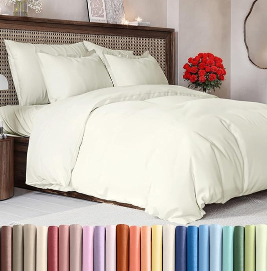 Duvet Cover Full Size Set - Extra Soft Full Size Duvet Cover 80 x 90 with 2 Pillow Shams - Hotel Luxury Quality Easy Care and Fade Free w/Zipper Closures & Ties - Comfy Breathable Bedding Set (Ivory)