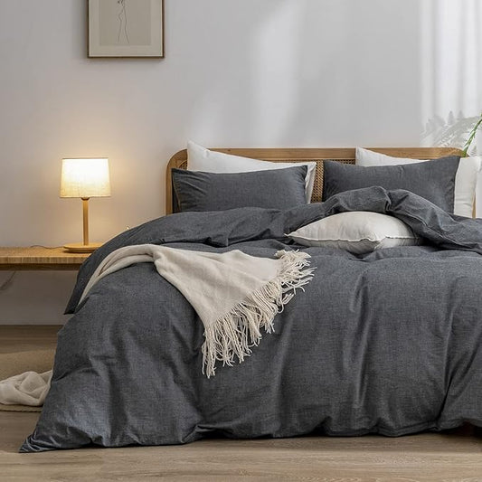 BESTOUCH Duvet Cover Set 100% Washed Cotton Linen Feel Super Soft Comfortable Chic Lightweight 3 PCs Home Bedding Set Solid Dark Black Queen