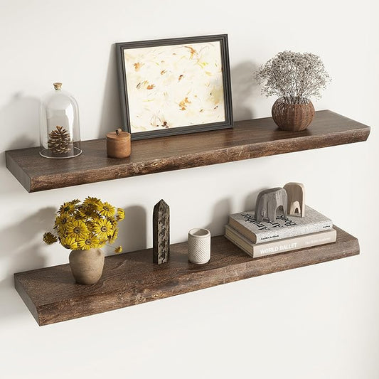Live Edge Elm Floating Shelves for Wall Decor, Rustic Solid Wood Shevles Wall Mounted with Invisible Bracket for Living Room Bathroom Bedroom Kitchen, 36 Inch Set of 2, Walnut