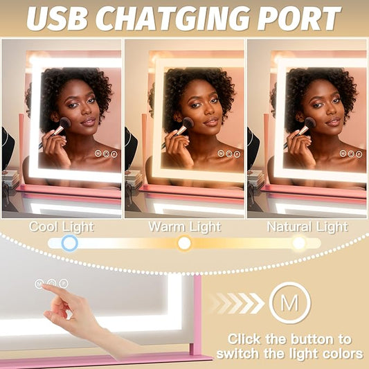 FENNIO Vanity Mirror with Lights 22''x18'' Makeup Mirror with Lights,Lighted Makeup Mirror with 10X Magnification,Smart Touch Screen with 3-Color Lighting,Dimmable(Square Pink)