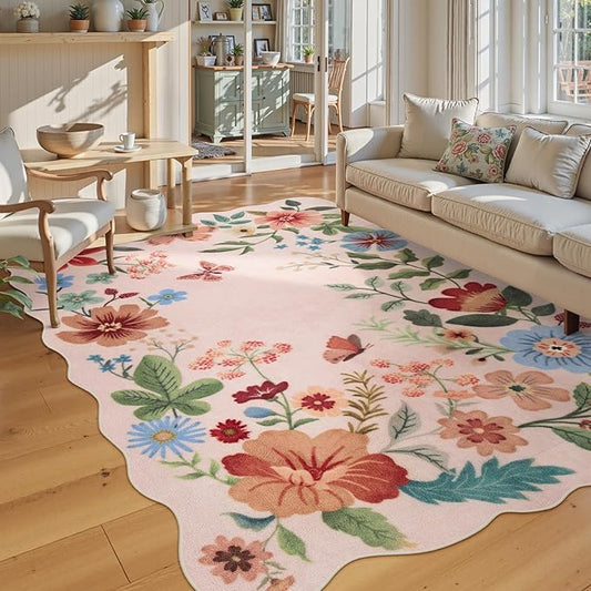 Lahome Floral Living Room Rugs, Pink Area Rugs 5x7 Rug for Bedroom Ultra-Thin Soft Non-Slip Washable Rugs Stain Resistant Throw Boho Carpet for Nursery Playroom Classroom, Light Pink