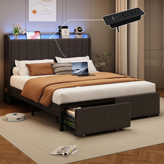 Full Size Bed Frames with Storage Headboard and 2 Drawers, Upholstered Platform Bed Frame Full with Led Lights and Handy Charging Station, No Box Spring Needed, Easy Assembly, Noise Free, Gray