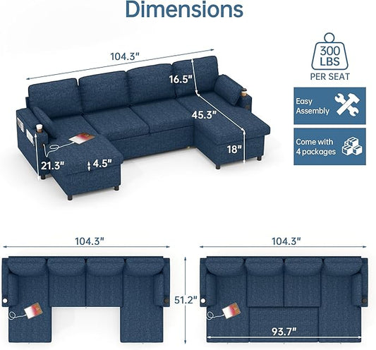 DURASPACE Sofa Bed Pull Out Couch Sleeper with Double Storage Chaise, U Shaped Convertible Sectional Sleeper Sofa for Living Room with USB Charging Ports, Cup Holder (Blue)