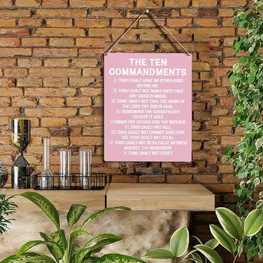 YCYD Ten Commandments Decor,10 Commandments Desk Poster, Christian Bible Verse Decor Religious Home Rustic Wooden Box Sign for Living Room Bedroom Office 10 x 8 Inches pink