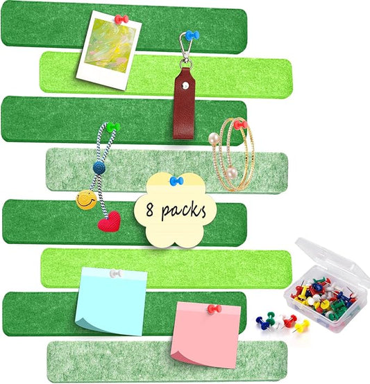 8Pcs Felt Bulletin Board Strips, Cork Board Strips for Walls Self Adhesive with 50 Pushpins, Colorful Cork Strips for Office Classroom Decor, Small Bulletin Board to Paste Photos, Notes (Green)