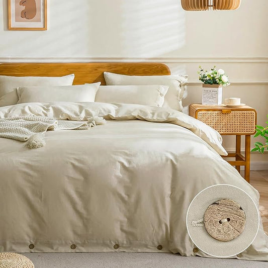 JELLYMONI Cotton Duvet Cover Queen Size - Light Khaki Comforter Cover with Button 100% Washed Cotton 3PCS Breathable Soft Solid Bedding Set Duvet Cover 90×90in & 2 Pillowcases (NO Comforter)