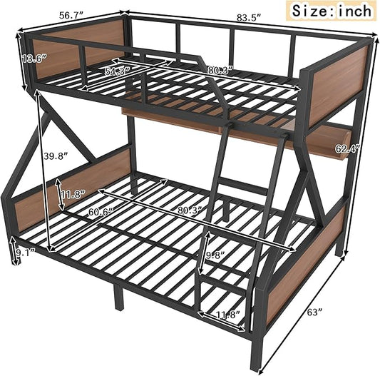 Full XL over Queen Bunk Bed with Storage Shelves, Metal Bunk Beds with Ladders and LED Lights, Heavy-duty Bunkbed for Bedrooms, Guest Rooms and Dorms, No Box Spring Needed and Noise-free Design, Black