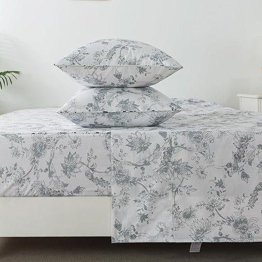 FADFAY Gray and White Sheets Set Full - Shabby Vintage Peacock Floral Bedding, Rustic Farmhouse Style, 100% Cotton Breathable With Deep Pocket Fitted Sheet, 4Pcs, Full Size