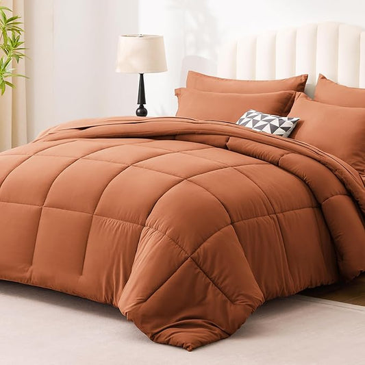 Love's cabin King Size Comforter Set Burnt Orange, 7 Pieces King Bed in a Bag, All Season Bedding Sets with 1 Comforter, 1 Flat Sheet, 1 Fitted Sheet, 2 Pillowcase and 2 Pillow Sham