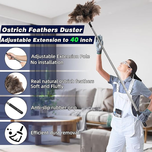 Soarer Extendable Ostrich Feather Duster - 40 inches Fluffy Long Handle Reusable Feather Duster for Cleaning Ceiling Fan,Pendant lamp, High Ceiling, Blinds, Furniture