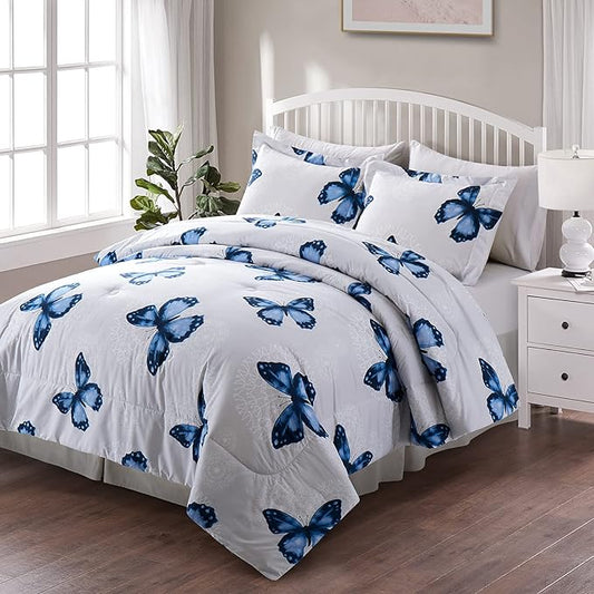ARTALL Butterfly Pattern Bed in A Bag Bedding 8 Piece King Comforter Sets 1 Comforter, 2 Pillow Shams, 1 Flat Sheet, 1 Fitted Sheet, 1 Bed Skirt, 2 Pillowcases,Blue