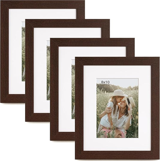 8x10 Picture Frame with Mat for 5x7 Set of 4, Walnut Wood Grain 8 x 10 Dark Brown Gallery Wall Picture Frames for Tabletop or Wall Mounting(4 Pack, Walnut)