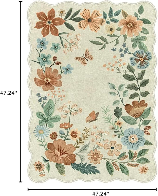 Lahome Floral Living Room Rug, 5x7 Rugs for Bedroom Ultra-Thin Soft Washable Dining Room Rug, Non Slip Stain Resistant Boho Low-Pile Throw Carpet for Office (5x7ft,Beige)