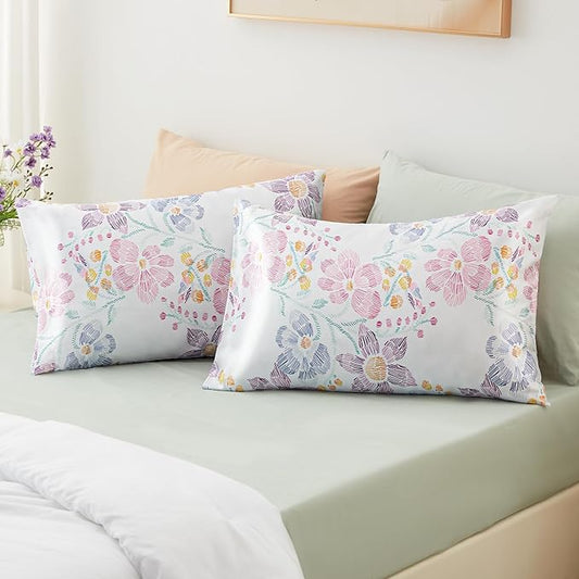 EXQ Home Satin Pillowcase for Hair and Skin - Multicolor Printed Flower Silk Pillowcase 2 Pack 20x26 inches - Standard Size Satin Pillow Cases Set of 2 with Envelope Closure