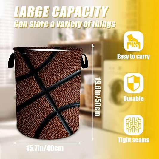 Basketball Texture Laundry Basket,Foldable Oxford Cloth Funny Tote Bag Laundry Hamper Clothes Storage Bucket Toy Organizer For Bathroom Laundry Storage Bedroom 18.9x16.5