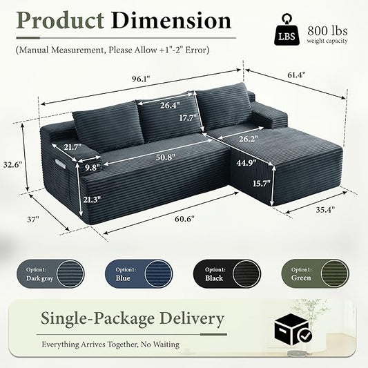 96''Sectional Couches for Living Room Modern Modular Sectional Sofa Upholstered Boneless Couch Comfy Cloud Couch with Chaise (Dark Grey, 96''W Right Facing Chaise)