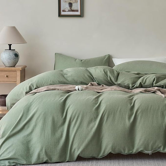 JELLYMONI Washed Cotton Duvet Cover Set Twin Size, Sage Green - Super Soft & Breathable Bedding Comforter Cover with Zipper, for Modern Home, Guest Room, and Everyday Use,1 Duvet Cover & 1 Pillowcase