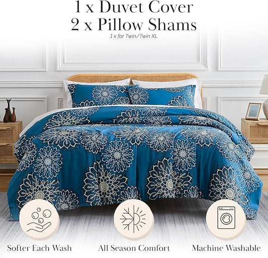 Southshore Fine Living, Inc. Floral Duvet Cover King/California King, Hotel Quality Bedding King Size, Easy Care - 1 King/Cal King Duvet Cover Set with 2 Pillow Shams - Midnight Blue