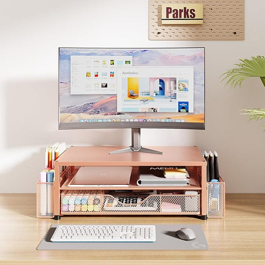 OPNICE Desk Organizers and Accessories, 2-Tier Computer Monitor Stand with Drawer and 2 Pen Holders, Laptop Stand, Office Desk Accessories for Office Supplies, Rose Gold