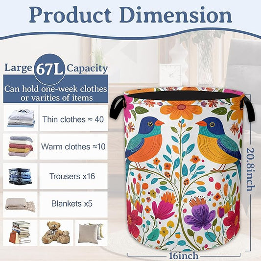 Bird Flower Laundry Basket,Oxford Cloth Mexico Laundry Hamper With Handle Foldable Portable Clothes Storage Basket for Laundry Room/Bedroom/Bathroom 20.8"x16"