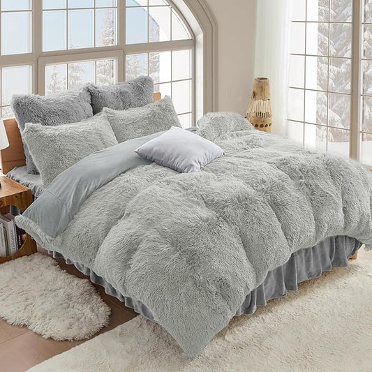 Sasttie 2-Piece Fluffy Duvet Cover Twin/Twin XL, Ultra Soft Faux Fur and Velvet Light Grey Comforter Cover, Fuzzy Bedding Sets for Winter Bed, Includes 1 Duvet Cover and 1 Pillowcase, No Comforter
