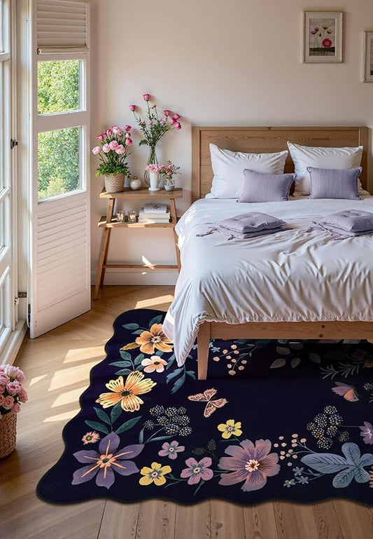 Lahome Floral Washable Rugs for Living Room, 5x7 Area Rugs Ultra-Thin Soft Rug, Non-Slip Bedroom Rug Stain Resistant Lightweight Boho Low-Pile Throw Carpet for Dining Room Office (5x7ft,Purple)