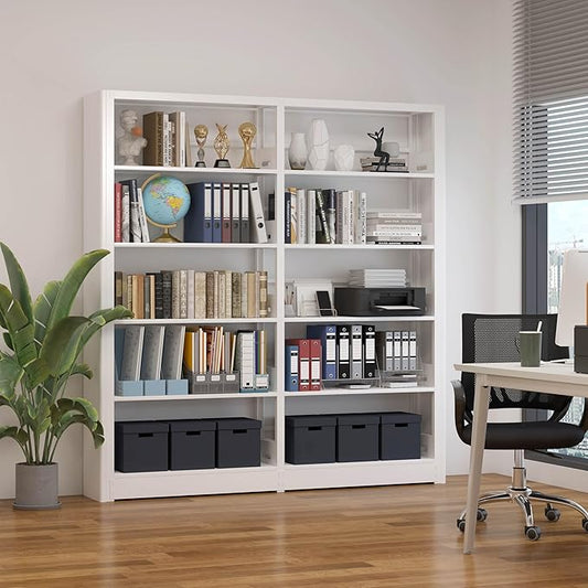 White Bookshelf, 5-Tier Bookshelf with Adjustable Storage Shelves, Freestanding Bookcases and Bookshelves, Wide Bookshelf for Home Office, Living Room, Bed Room, Including Book Stopper (White)