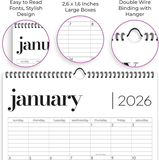 Wall Calendar 2026, 12 Months, 17" x 12" Large Wall Calendar with Hanger, Thick Paper and Spiral Binding. Minimalist Design, Business Style.