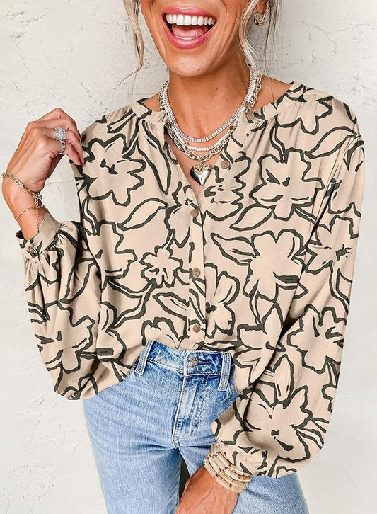 Astylish Womens 2026 Boho Floral Loose Spring Summer Tops Lantern Sleeve Flowy Blouses V Neck Button Down Shirts