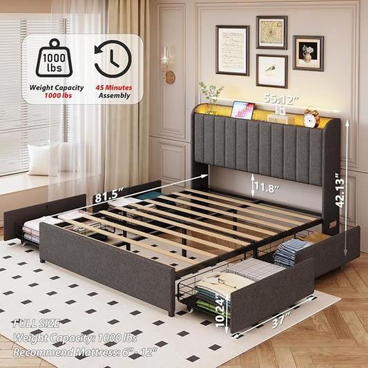 Full Bed Frame with 4 Drawers and Storage Headboard, Upholstered Platform Bed Frame Full Size with Led Lights and Handy Charging Station, No Box Spring Needed, Easy Assembly, Noise Free, Gray