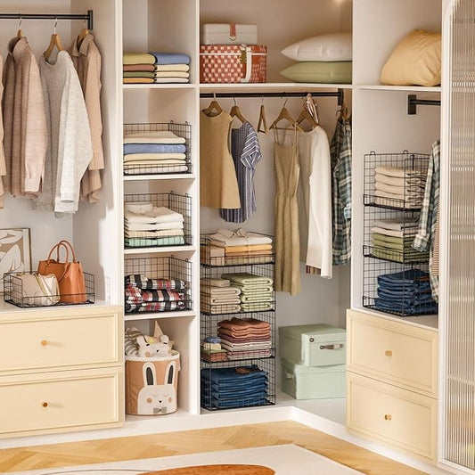 4 Tier Stackable Closet Organizers and Storage Shelves, Foldable Closet Shelf Organizer System, Stackable Storage Bins Drawers for Clothes Organizer System, Black(Patent Pending)