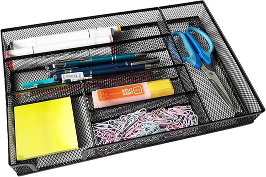 Desk Drawer Organizer Metal Mesh Drawer Organizer Tray for Office School or Home Supplies Desktop Storage Stationery,6 Compartments, 12.6 x 8.27 x 1.57 inch,Black (1pc pack)