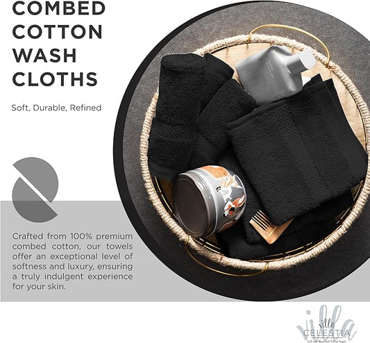 100% Cotton Wash Cloth for face & Body Set of 12, (12 x 12 inches) Sustainable, Soft, Highly Absorbent, Combed Cotton Wash Cloths Pack of 12 for Hotels, Spa, Bathroom, Dorm, Black