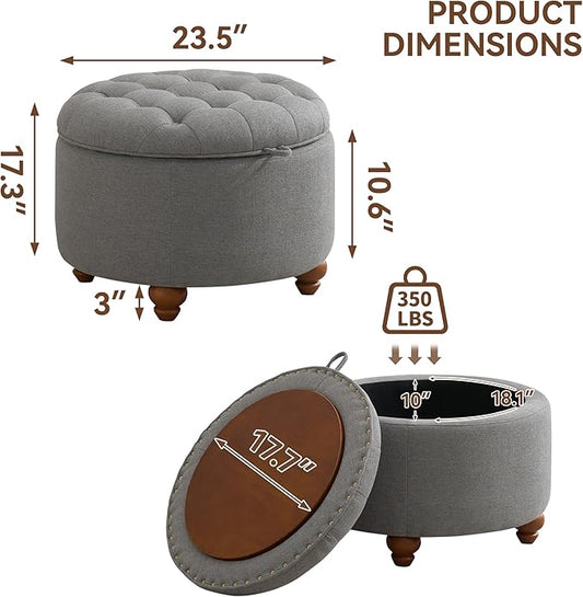 24Inch Round Storage Ottoman with Tray, Modern Tufted Fabric Circle Coffee Table with Storage, Upholstered Ottoman with Removable Top for Living Room, Bedroom, Light Grey