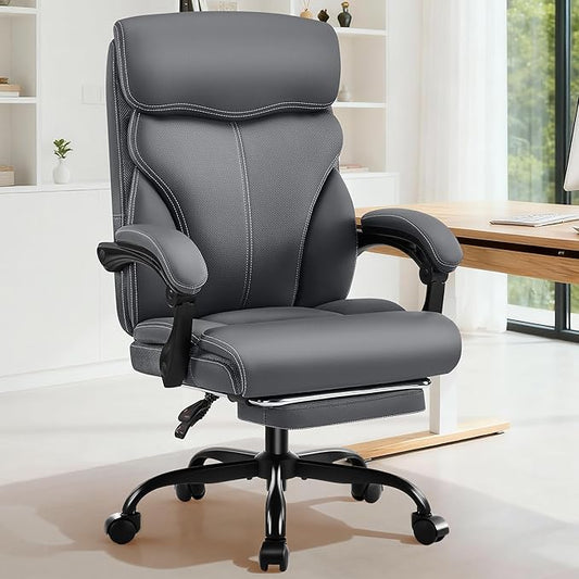Office Chair - Ergonomic Comfortable High Back Computer Desk Chair with Foot Rest - Executive Breathable Swivel Rolling Reclining Leather Chair with Lumbar Support for Home Gaming Relaxing