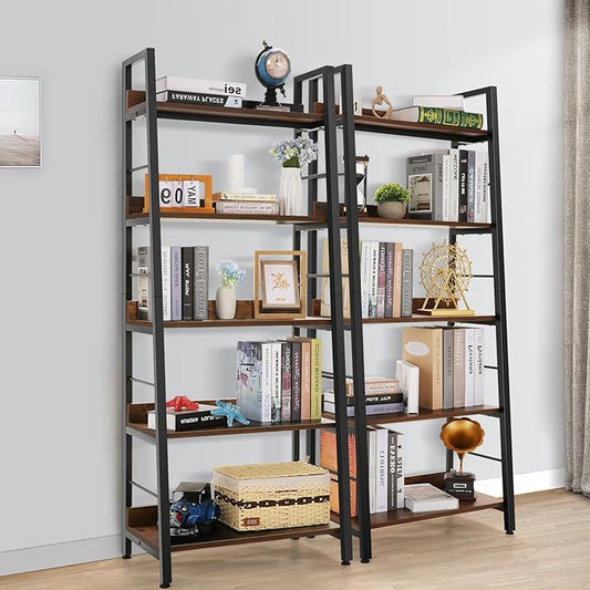Himimi Ladder Shelf Set of 2, 5-Tier Ladder Bookcase, Industrial Bookshelf Wood and Metal Bookshelves, Plant Flower Stand Rack Book Storage Shelves for Living Room, Bedroom, Home Office, Rustic Brown