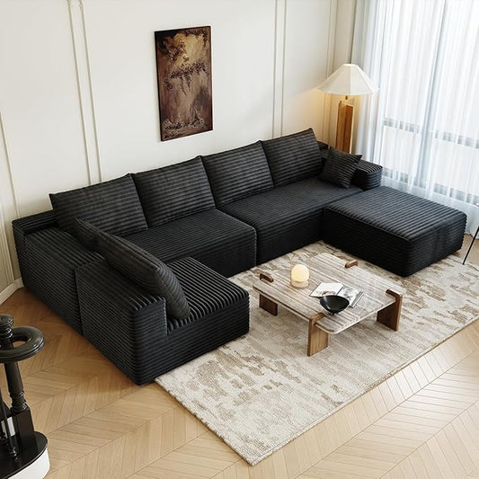 139.4" Modular Sectional Sofa, U-Shaped Minimalist Couches with Ottoman and Middle Seat, Modern Deep Seat Convertible Sleeper Sofa Bed, Reversible Chaise, Cloud Plush Corduroy Fabric,6 Seater, Black