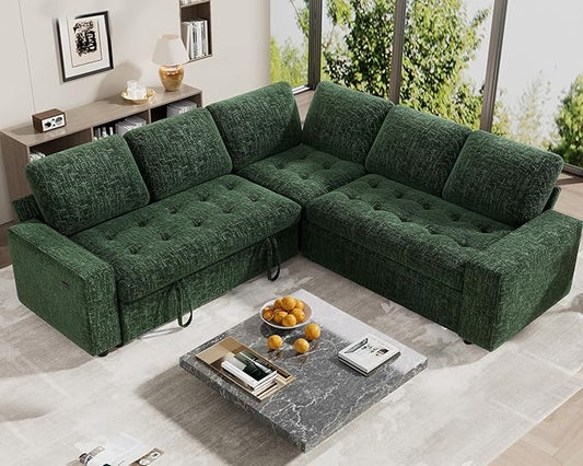 WEUP 5 Seat L Shaped Sectional Sleeper Sofa Bed with Pull Out Bed, Chenille Sectional Sleeper Couch with Adjustable Backrest, USB Ports & Storage Seat, Tool-Free Assembly, Chenille Green