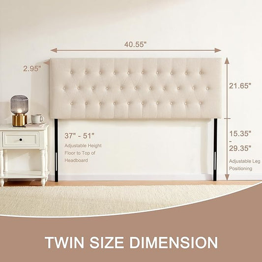 Tufted Upholstered Headboard Twin Size, Solid Wood Head Board with Durable Metal Legs, Adjustable Height Twin XL headboard from 37” to 51” Fabric Headboard in Modern Button Design, Beige