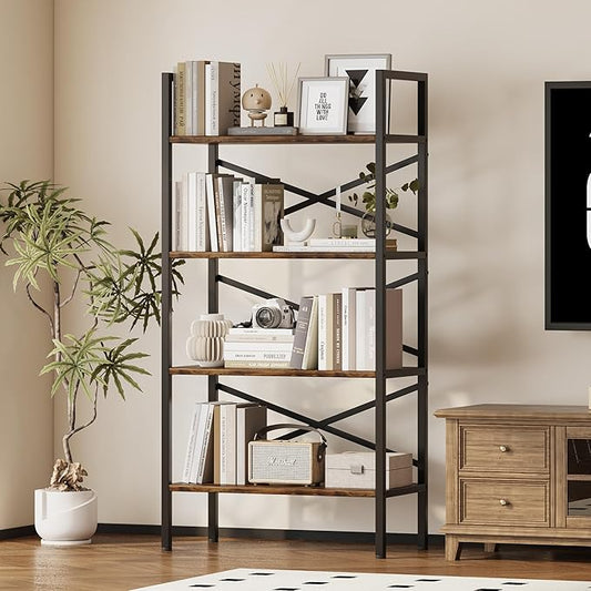 Homeiju 4 Tier Bookshelf 23.6" Width, Kids Bookshelf with Storage, Small Bookcase with Open Shelves, Storage Organization for Bedroom, Living Room and Home Office,Rustic Brown