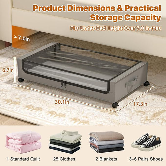 Under Bed Storage with Wheels,XXL 60L Under Bed Storage Containers with Clear Lids, Under-Bed Organizers for Clothes, Shoes – Durable Storage Bins with Smooth Rolling Wheels (Gray, 4 Pack)