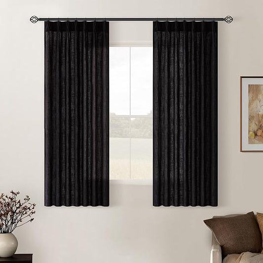 Black Pinch Pleated Linen Cafe Curtains 45 Inch Length 2 Panels for Dining Room Kitchen Bedroom Semi Sheer Pleat Drapes with Hooks Rings Light Filtering Short Window Curtain Cabinet 40x45
