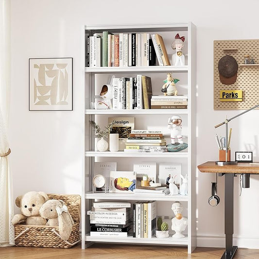 Book Shelf 69" H, 5-Tier Metal Shelving, Modern White Bookcase, Wide Bookshelf for Bedroom, Livingroom, Home Office, Library, Screw-Free Installation