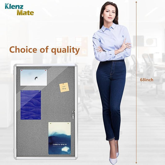 36"x24" Enclosed Bulletin Board Tamper-Proof Dispaly Case,Grey Fabric&Aluminium Frame,Shatter Resistant Lockable Bulletin Board with Clear Acrylic Door for School,Office,Mall,Community,Hospital,Church