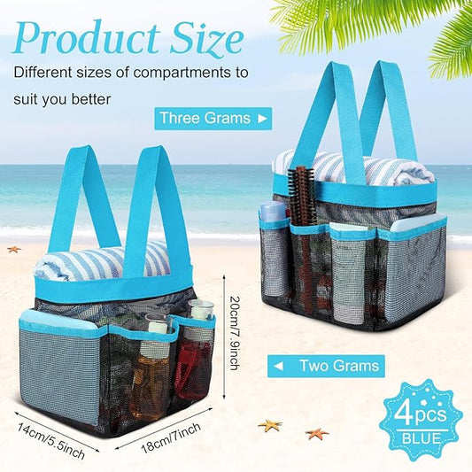 Hillban 4 Pcs Mesh Shower Caddy Portable Large Quick Dry Shower Caddy Basket with Deeper 8 Pockets and 2 Handles Hanging Bag for College Dorm Room(Blue)