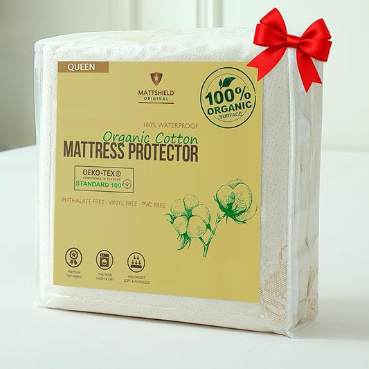 Deluxe Waterproof Organic Mattress Protector Queen - Certified Organic Cotton Breathable Mattress Pad Cover - New 280 GSM Comfort - Jersey Cotton Skirt - Fitted Comfort