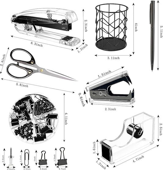 Office Desk Accessories,Office Supplies Set Acrylic Stapler Set Staple Remover, Tape Holder, Pen Holder, 2 Ballpoint Pen, Scissor, Binder Clips, Paper Clips and 1000pcs Staples(Black)