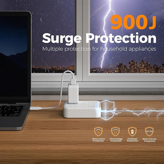 Surge Protector Flat Extension Cord 10FT, TESSAN Flat Plug Power Strip with 4 Outlets 3 USB Ports (1 USB C), 900 Joules Protection, Multiple Wall Outlet Extender Suitable for Home Office Dorm, White