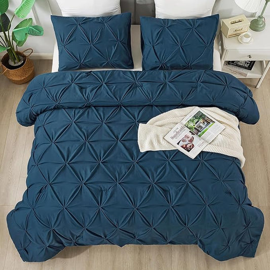 Andency Navy Blue Pinch Pleat Comforter Twin(66x90Inch), 2 Pieces(1 Pintuck Comforter, 1 Pillowcase) Microfiber Pintuck Comforter Set Down Alternative Comforter Bedding Set